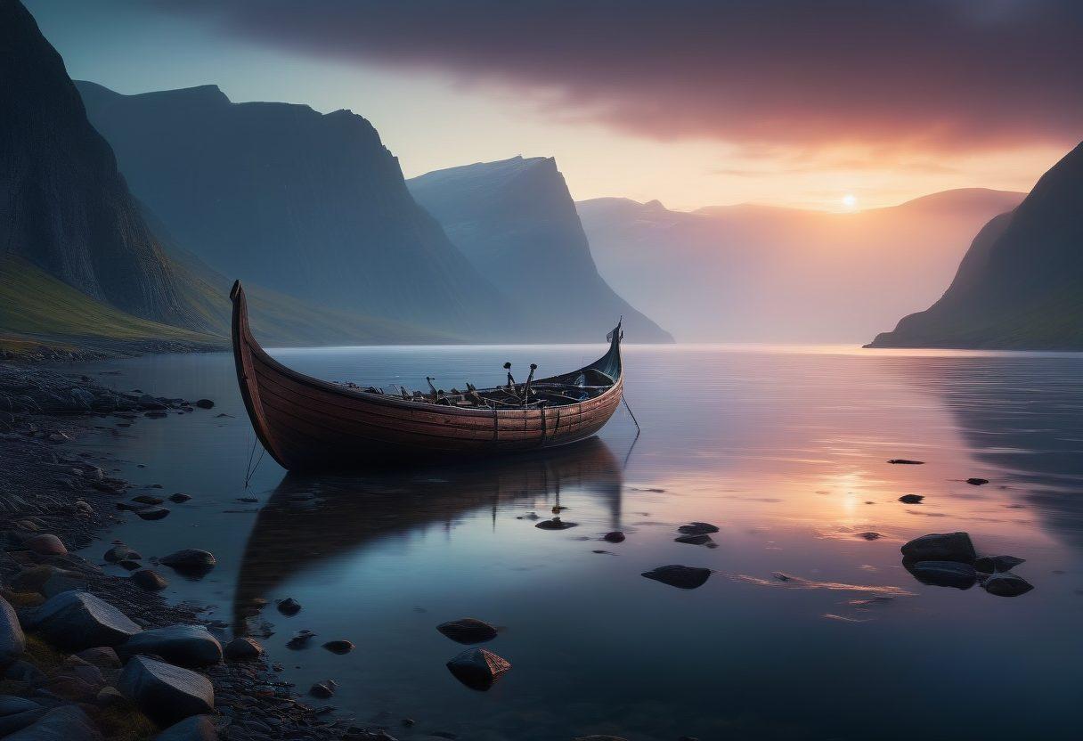 A somber landscape featuring a vast fjord under a twilight sky, with dark, rugged cliffs and a historic Viking ship anchored at the shore. Silhouettes of ancient rune stones and mythical Norse creatures subtly woven into the background, evoking a sense of mystery and melancholy. A figure clad in Viking attire gazes thoughtfully towards the horizon, embodying the spirit of exploration and loss. The atmosphere is filled with dense mist and a hint of vibrant northern lights. moody realism. dark and vibrant colors.