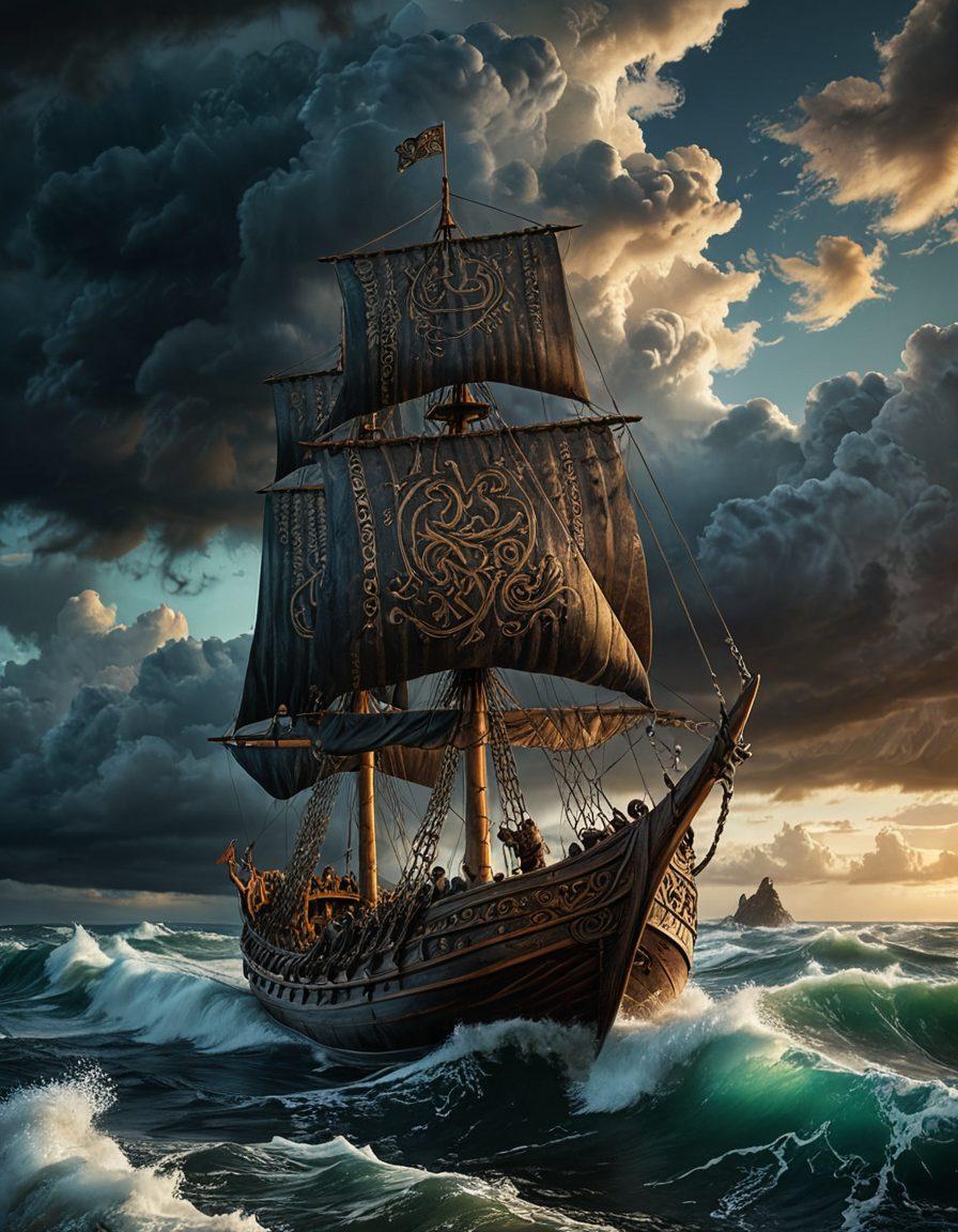 An intricate depiction of a Viking ship sailing through stormy seas, surrounded by dramatic waves and thunderous skies. Include imagery of Norse gods in the clouds, as well as ancient runes carved into the ship's hull. Emphasize shadows and highlights to evoke a sense of adventure and sorrow. Capture the essence of Norse culture with vibrant colors and a surreal atmosphere. super-realistic. dynamic contrasts. dramatic sky.