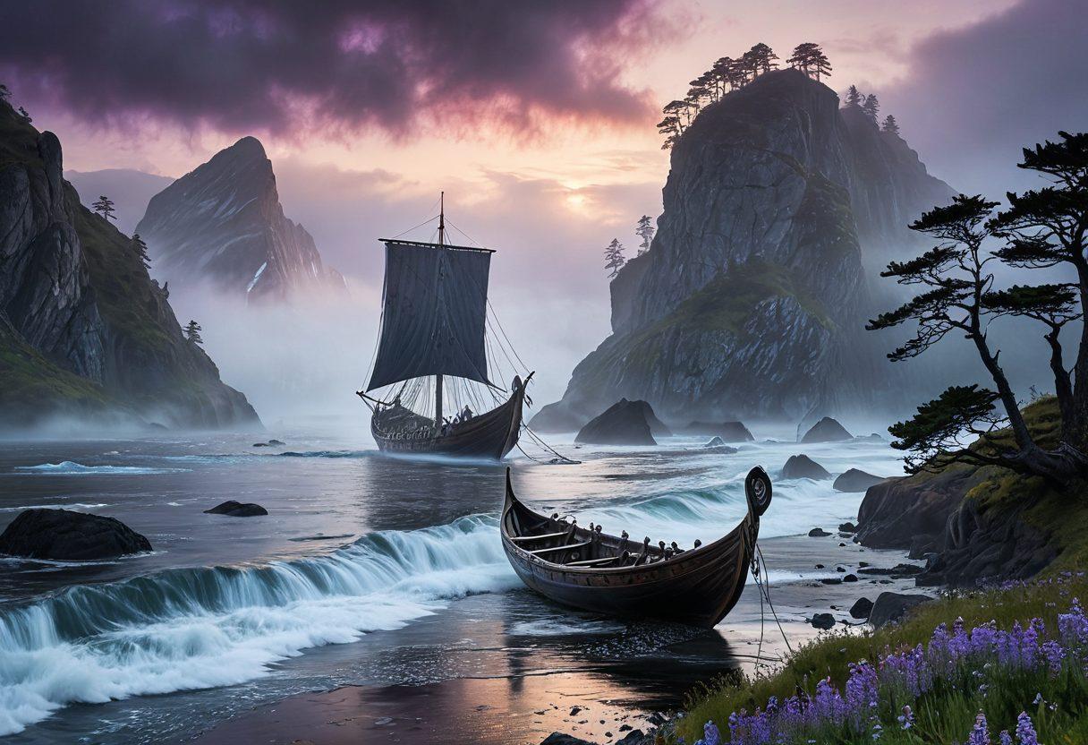 A mystical Nordic landscape featuring a Viking longship sailing through foggy waters, surrounded by towering cliffs and ancient rune stones. The scene conveys a sense of adventure and nostalgia, with ghostly outlines of warriors in the mist and soft, melancholic hues in the sky. Capture the spirit of Viking culture through intricate details in the ship's design and elements of nature like pine trees and wildflowers. super-realistic. dark colors. atmospheric.